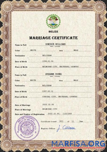 Printable Belize marriage certificate PSD template